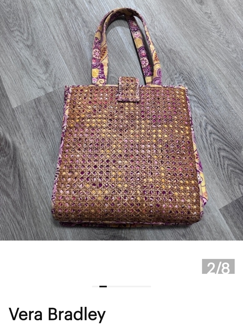 Vera Bradley Woven Rattan Tote with Pink & Yellow Paisley Trim - Picture 3 of 16